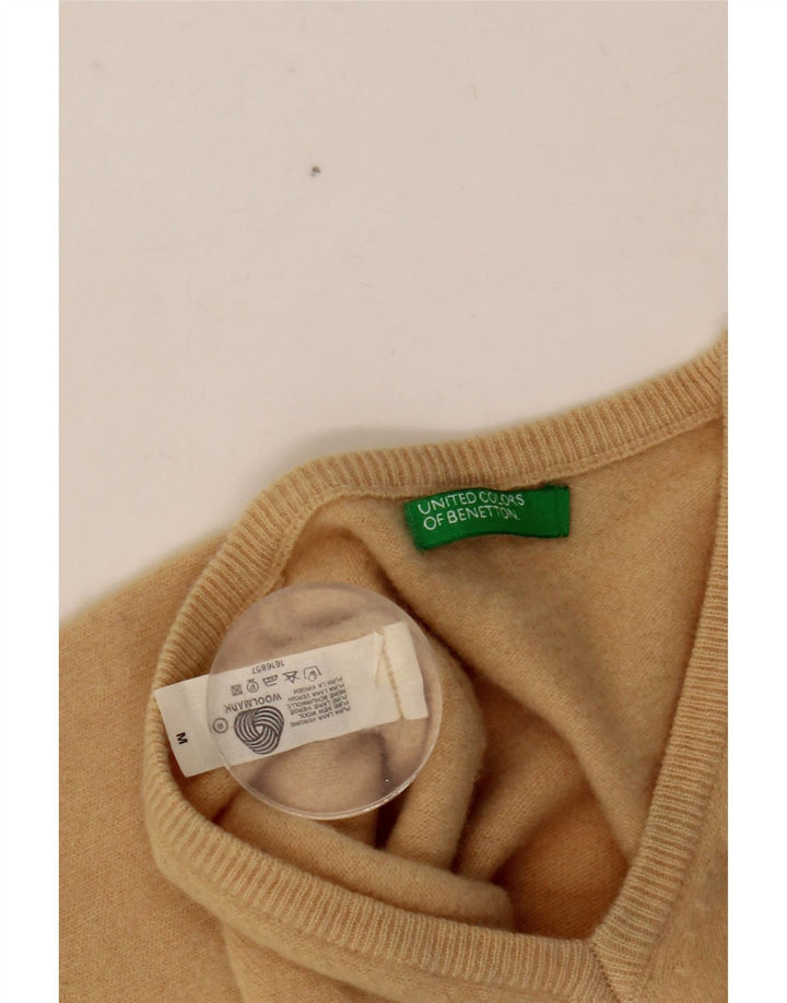 Suéter feminino BENETTON curto com decote em V Reino Unido 12 lã bege médio