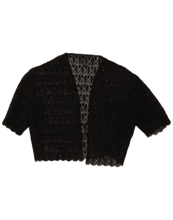Bolero feminino vintage de renda UK 14 médio preto paisley