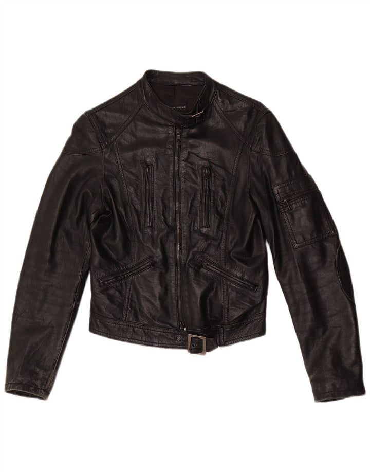 Jaqueta de motociclista de couro vintage feminino UK 10 couro preto pequeno
