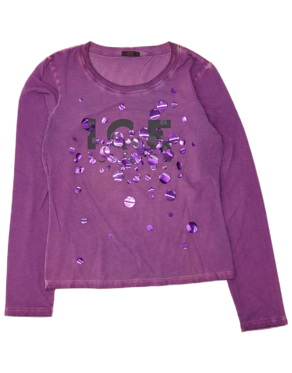 Top gráfico feminino Iceberg manga comprida Reino Unido 14 algodão roxo grande
