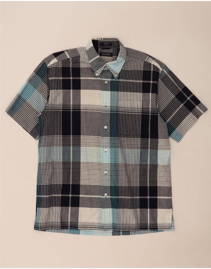 Camisa masculina Nautica de manga curta cinza médio algodão xadrez