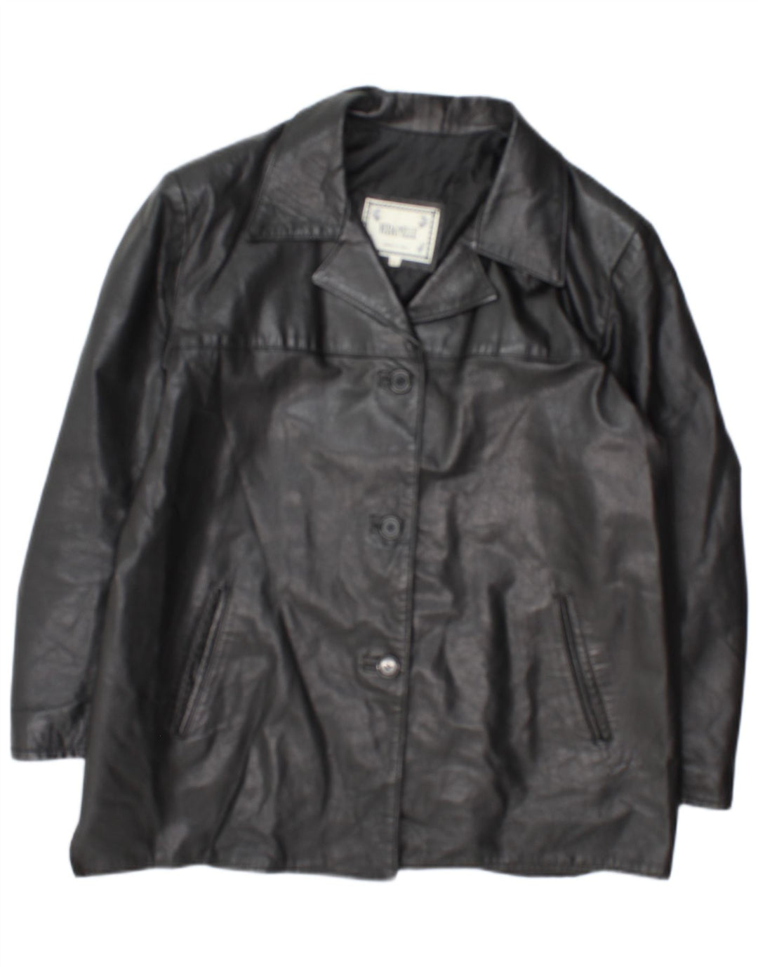 Jaqueta blazer de couro vintage feminina com 3 botões Reino Unido 18 XL couro preto