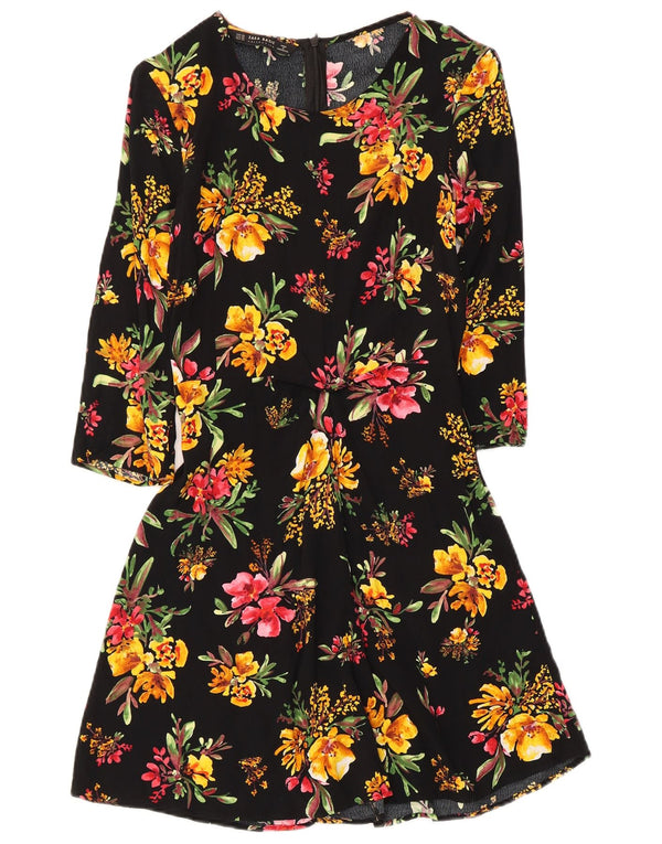 Vestido feminino Zara manga 3/4 linha A UK 4 XS preto floral viscose