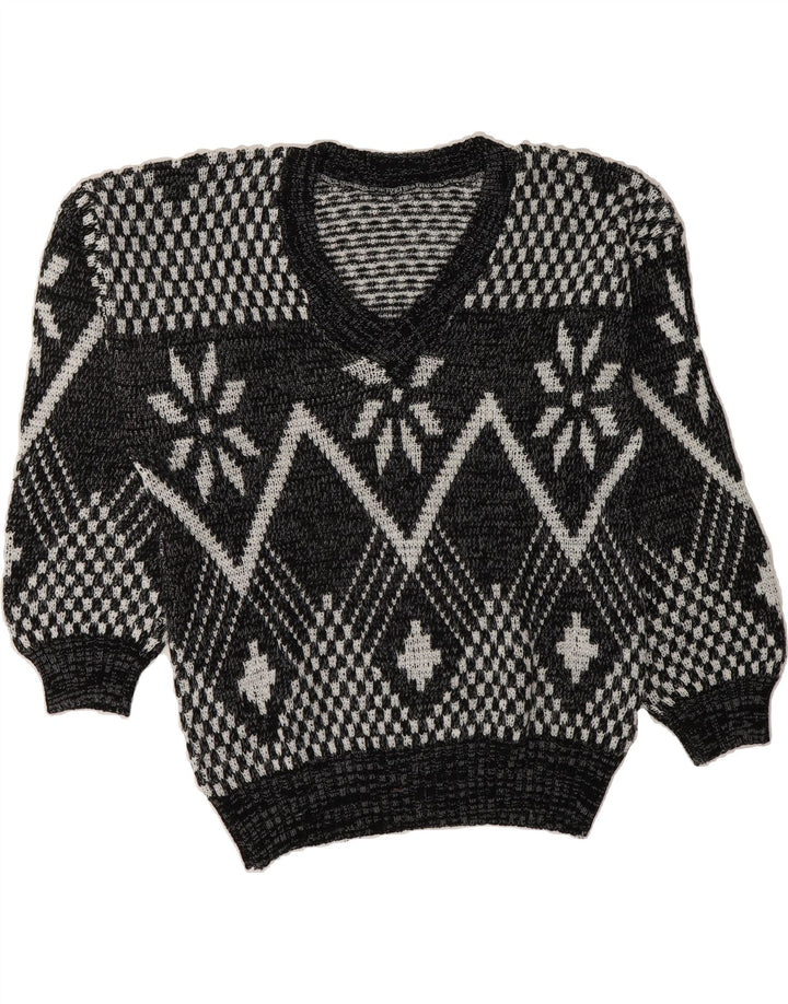 VINTAGE Mens V-Neck Jumper Sweater XL Black Fair Isle Vintage Vintage and Second-Hand Vintage from Messina Hembry 