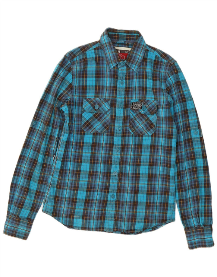 Camisa masculina de flanela Superdry algodão xadrez azul médio