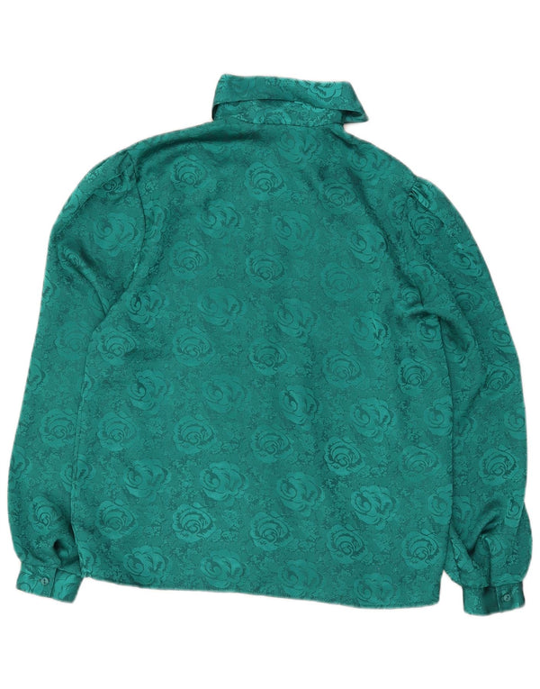 Blusa feminina vintage com gravata frontal Reino Unido 12 poliéster floral verde médio