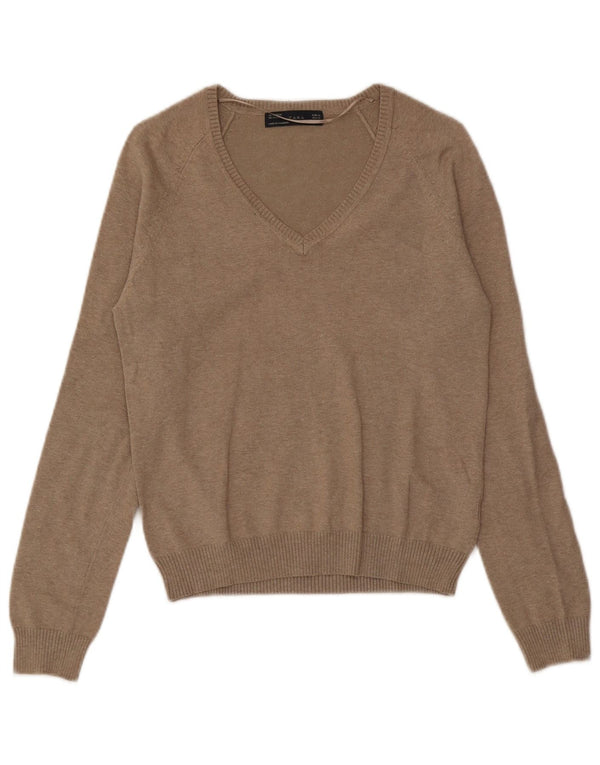 Suéter feminino Zara com decote em V Reino Unido 18 XL algodão marrom