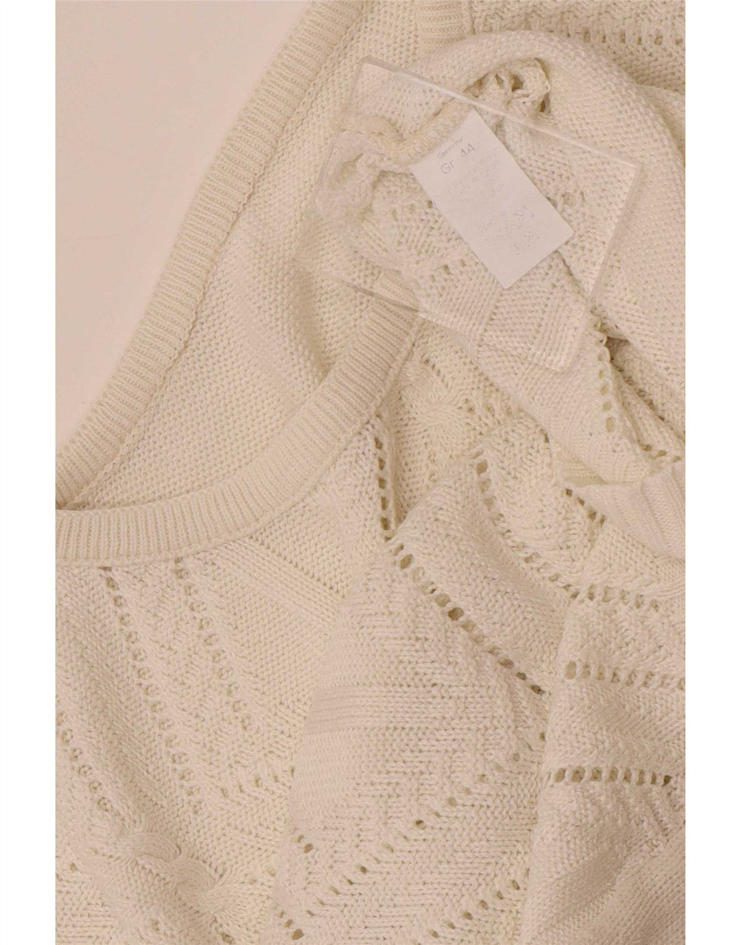 Suéter feminino vintage com gola redonda UK 14 médio branco geométrico