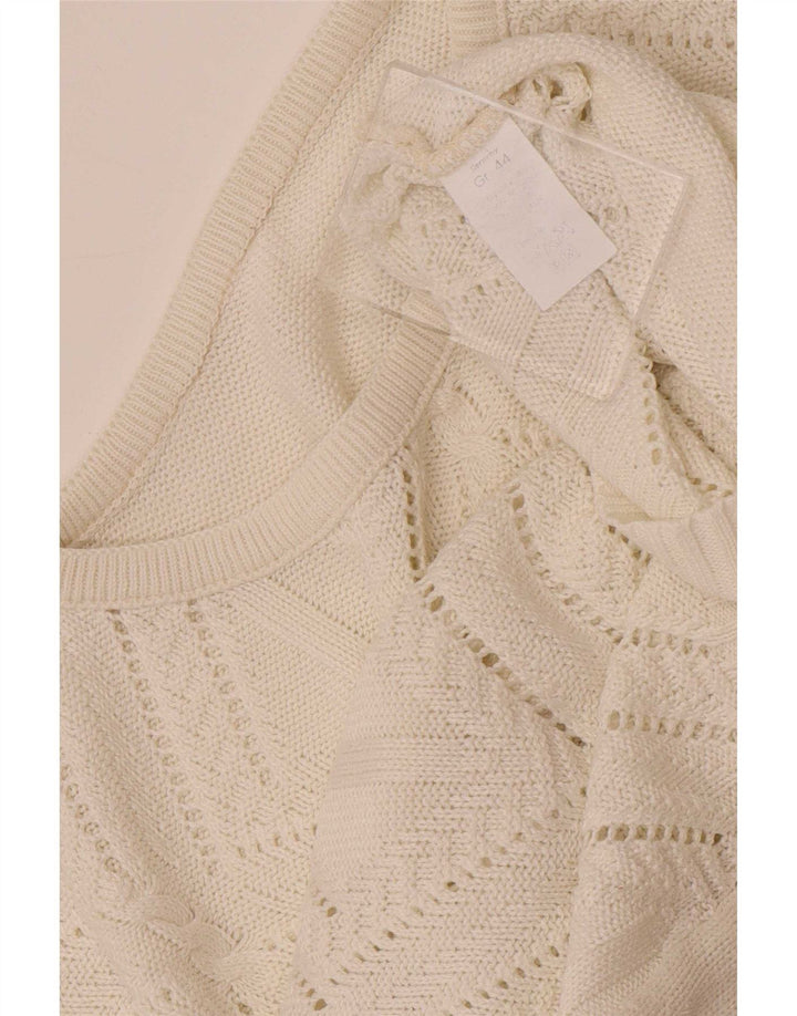 Suéter feminino vintage com gola redonda UK 14 médio branco geométrico