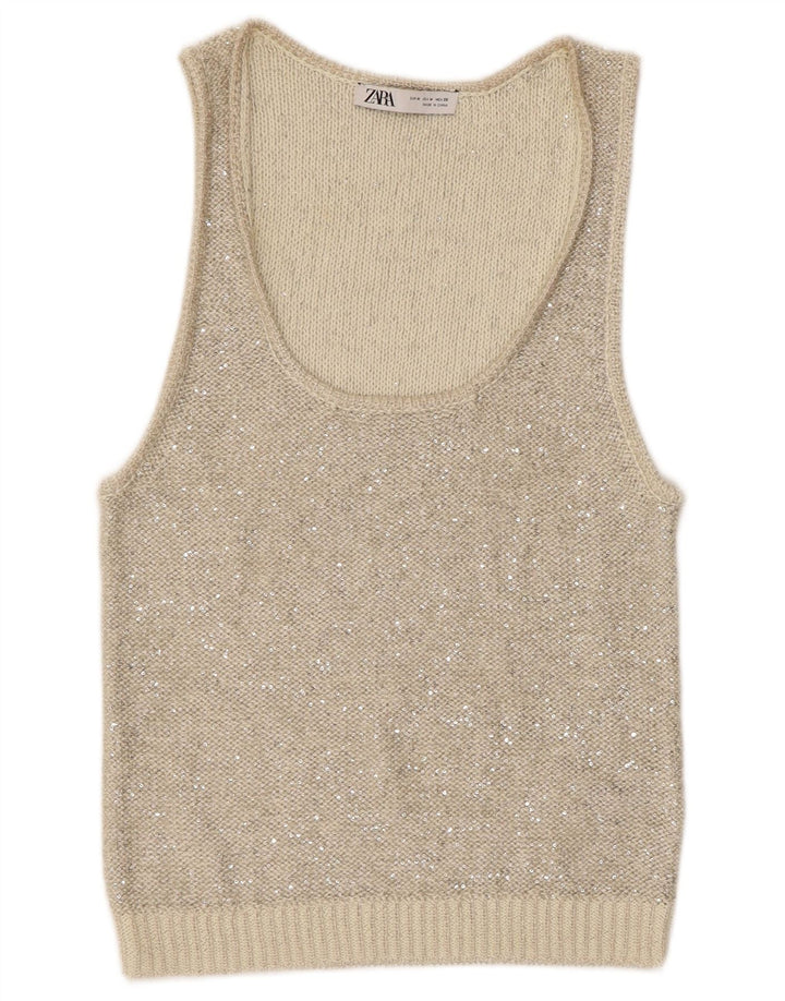 Zara Womens Knit Vest Top UK 12 Poliéster Cinza Médio