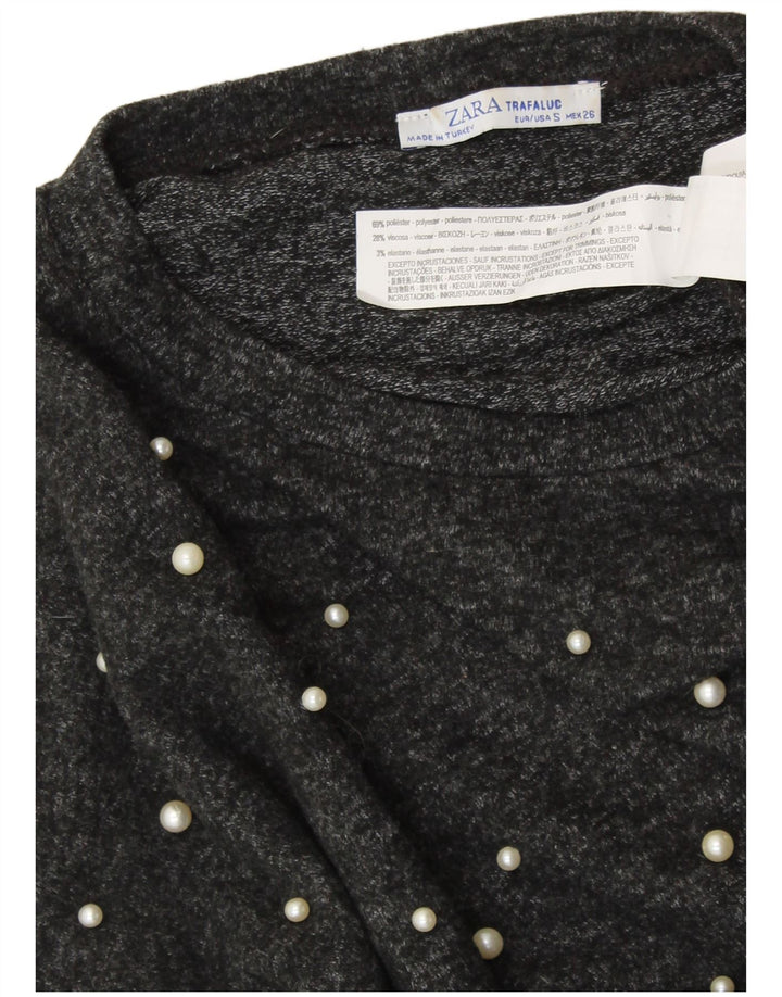 ZARA Top curto feminino oversized manga 3/4 Reino Unido 10 viscose cinza pequena