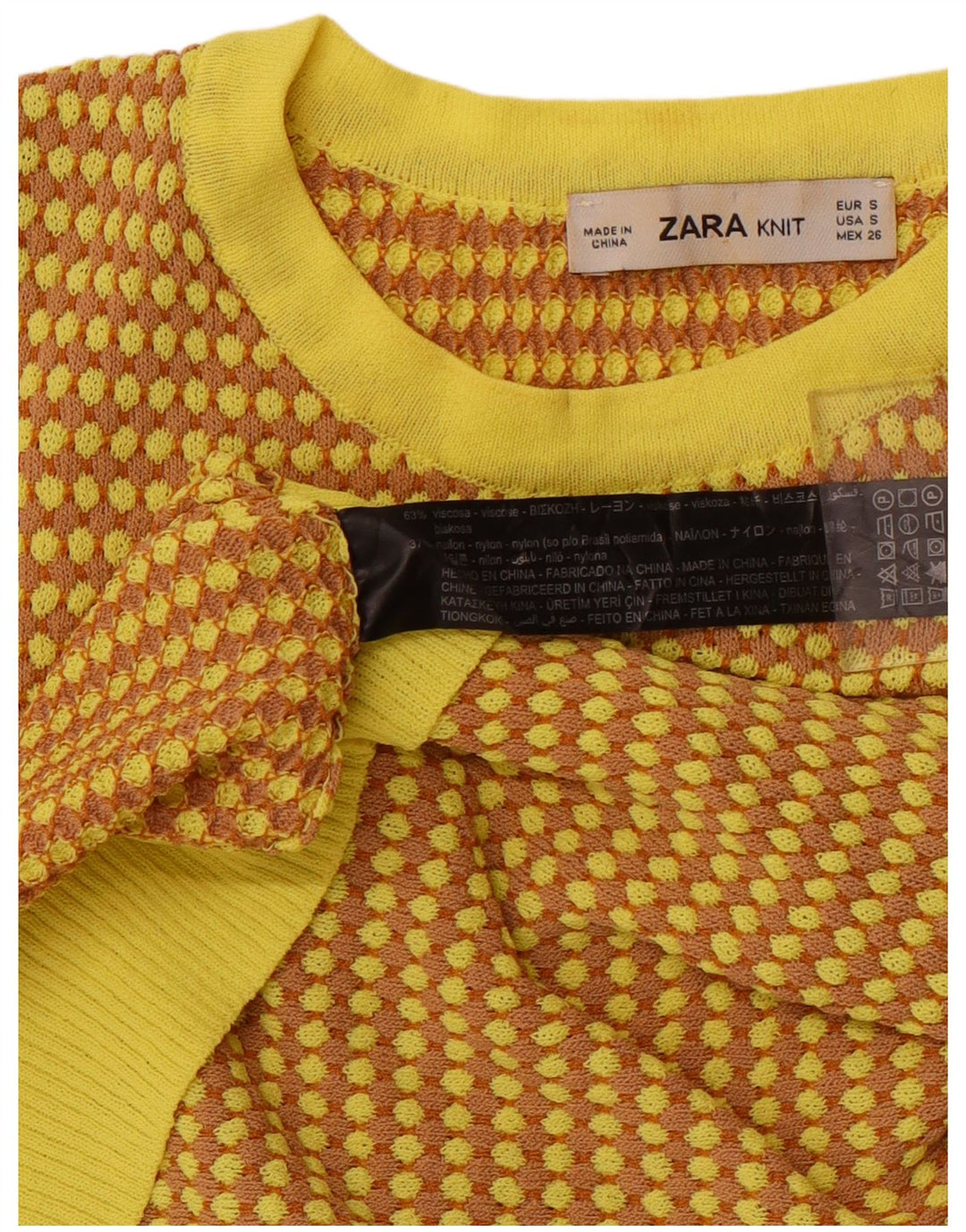 Suéter feminino ZARA com gola redonda e gola redonda Reino Unido 8 pequeno amarelo geométrico