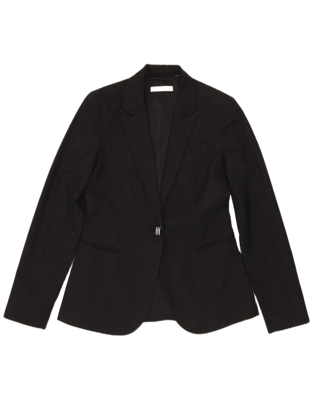 Stefanel feminino 1 botão 2 peças terno IT 40 pequeno W28 L28 risca de giz preta