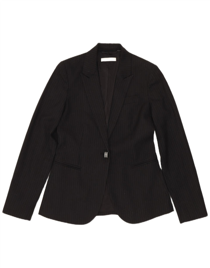 Stefanel feminino 1 botão 2 peças terno IT 40 pequeno W28 L28 risca de giz preta