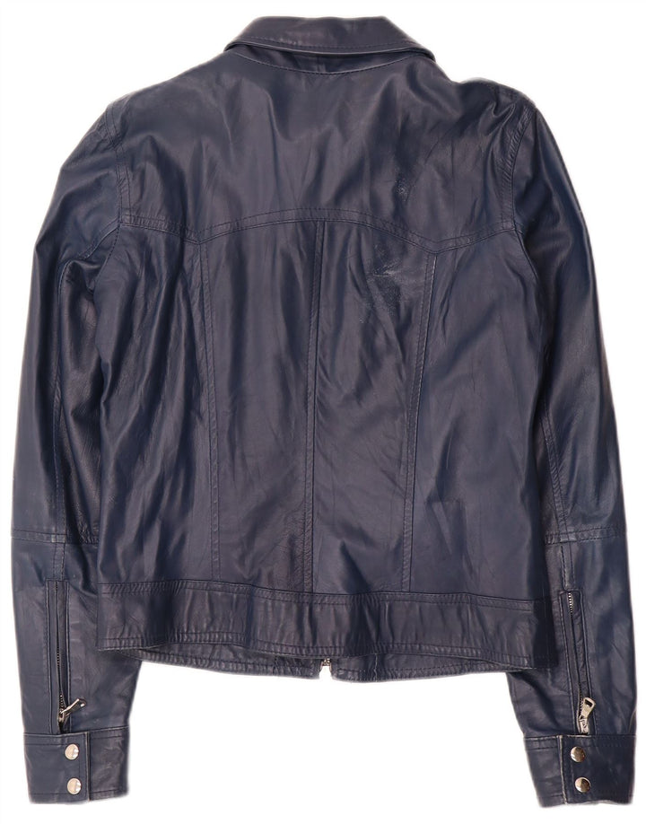 Jaqueta de couro vintage feminina UK 14 grande couro azul marinho