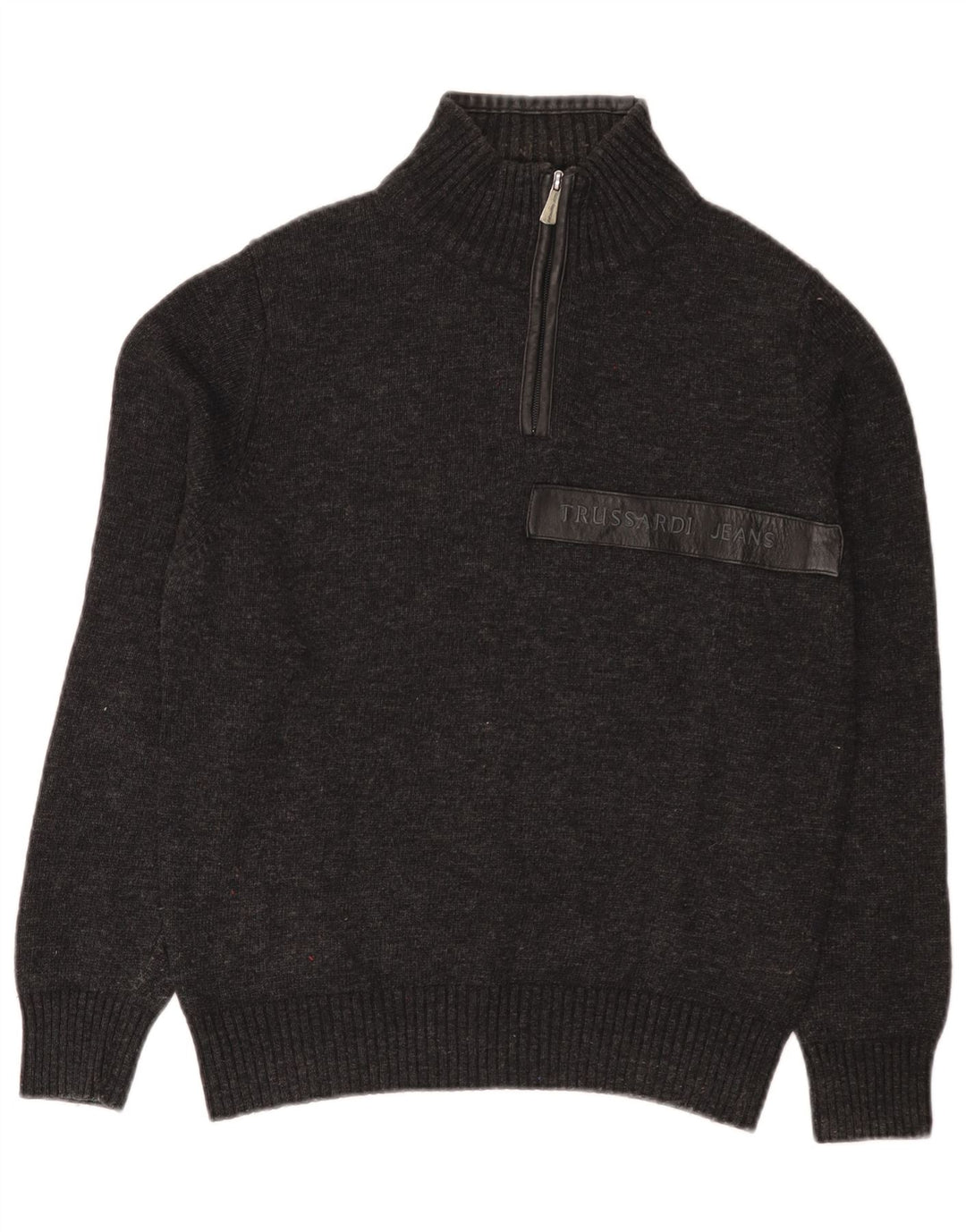 Suéter masculino Trussardi Jeans com zíper e gola pequena de lã cinza