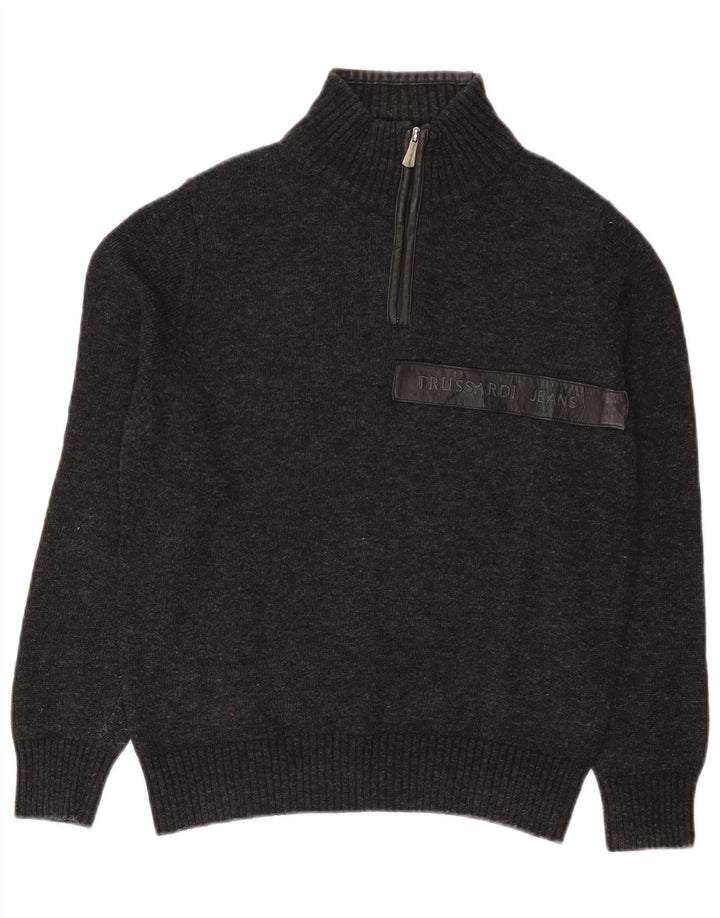 Suéter masculino Trussardi Jeans com zíper e gola pequena de lã cinza