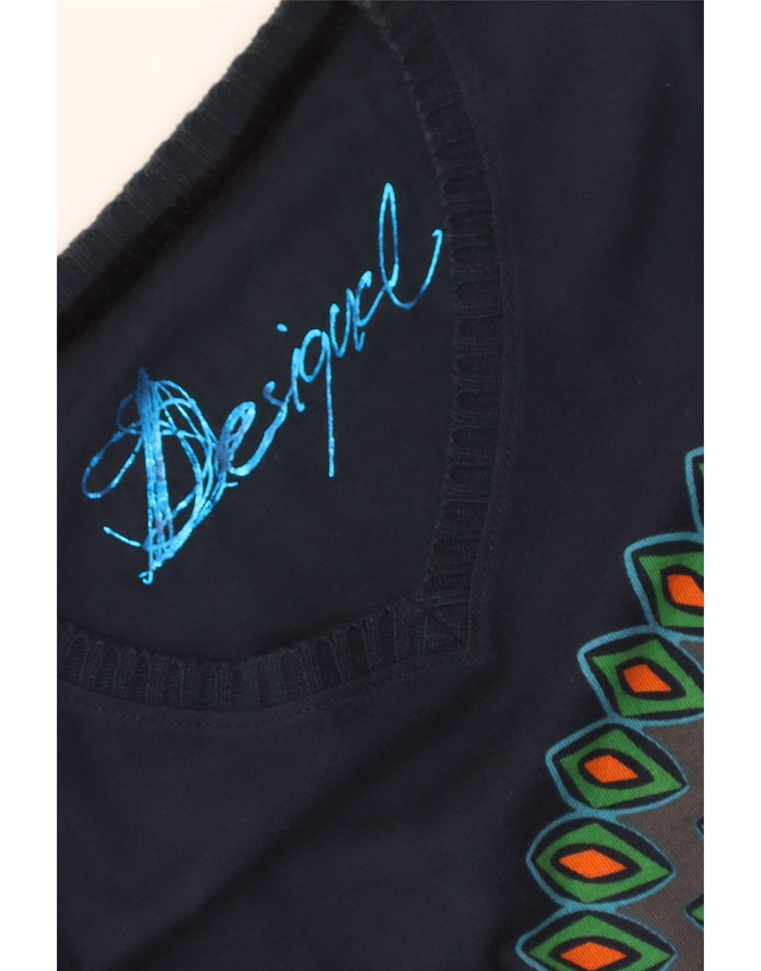 Top gráfico feminino Desigual manga comprida UK 12 médio azul marinho geométrico
