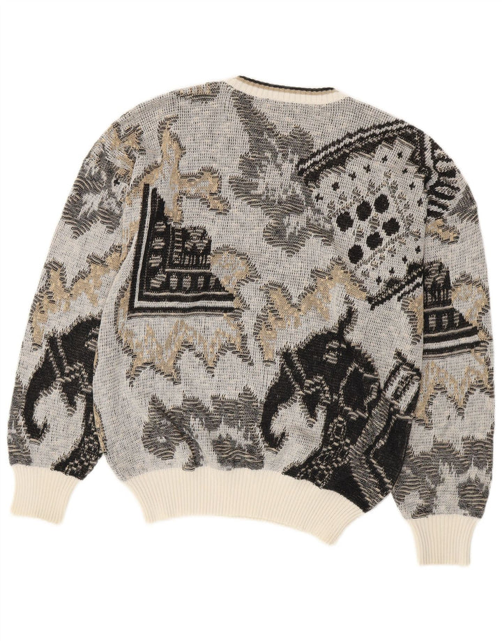 Suéter vintage masculino com gola redonda e algodão geométrico cinza médio