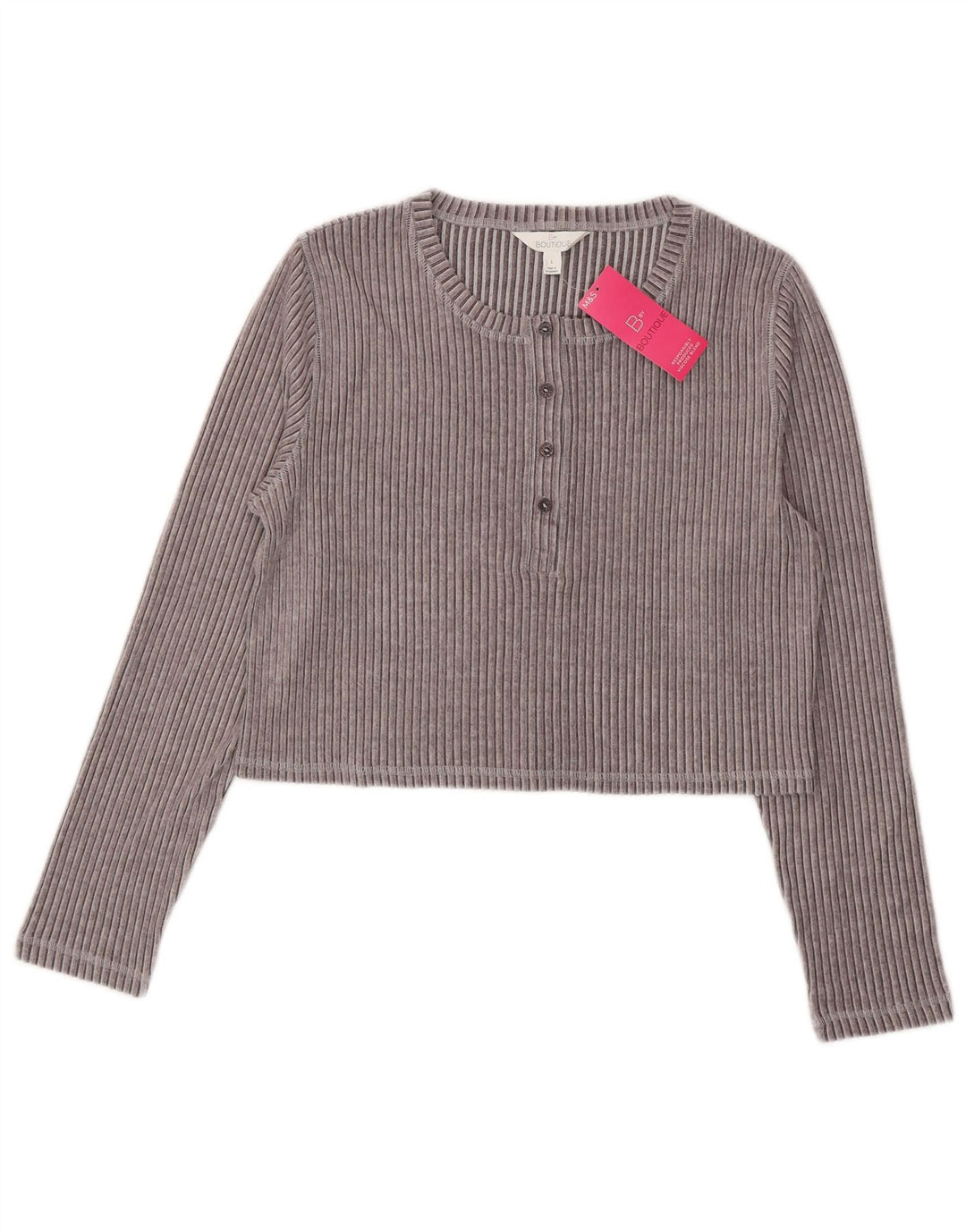 Top curto feminino Marks & Spencer manga comprida Reino Unido 16 grande viscose cinza