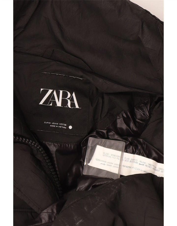 Casaco acolchoado com capuz feminino Zara UK 14 poliéster preto médio
