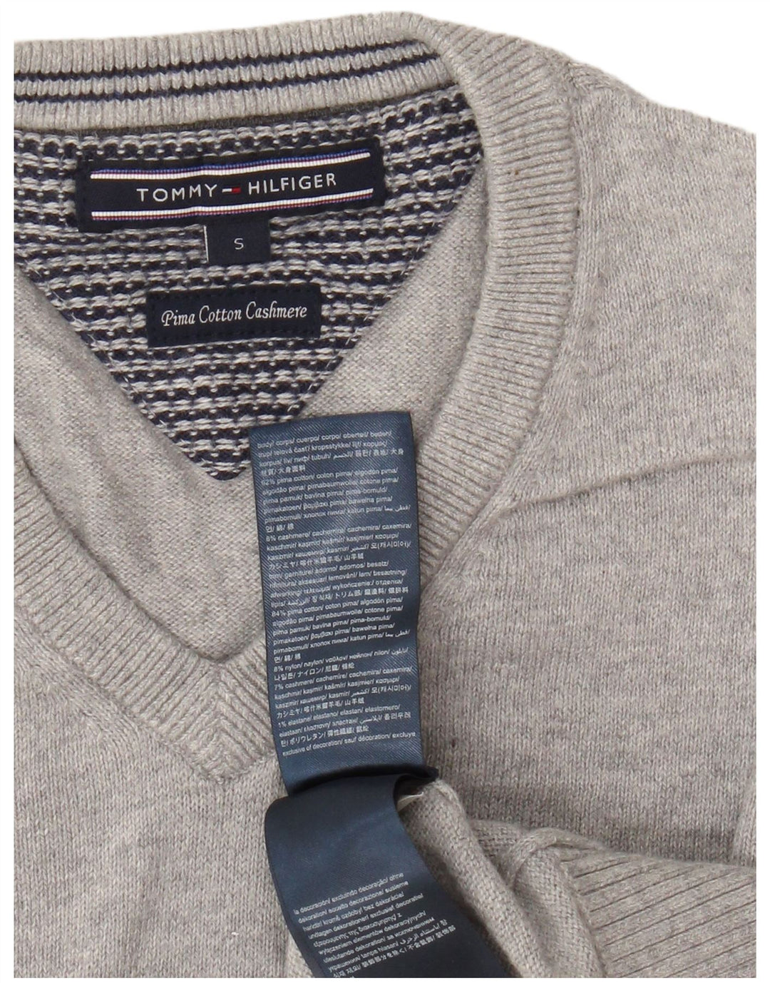 Suéter masculino TOMMY HILFIGER com decote em V pequeno algodão cinza