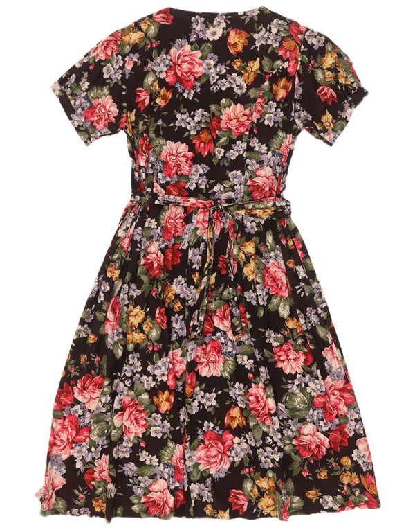 Vestido vintage feminino evasê UK 18 XL preto floral viscose