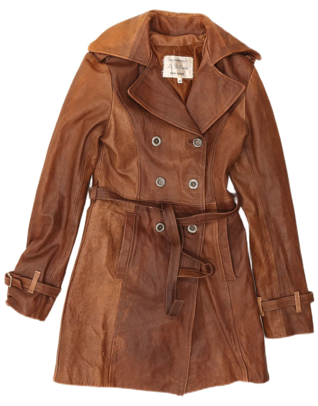 Casaco feminino vintage de couro com peito duplo IT 42 couro marrom médio