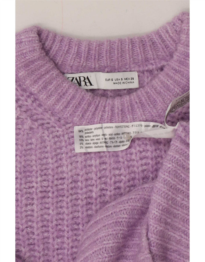 Suéter feminino Zara com gola canoa e gola redonda em poliéster roxo pequeno UK 10