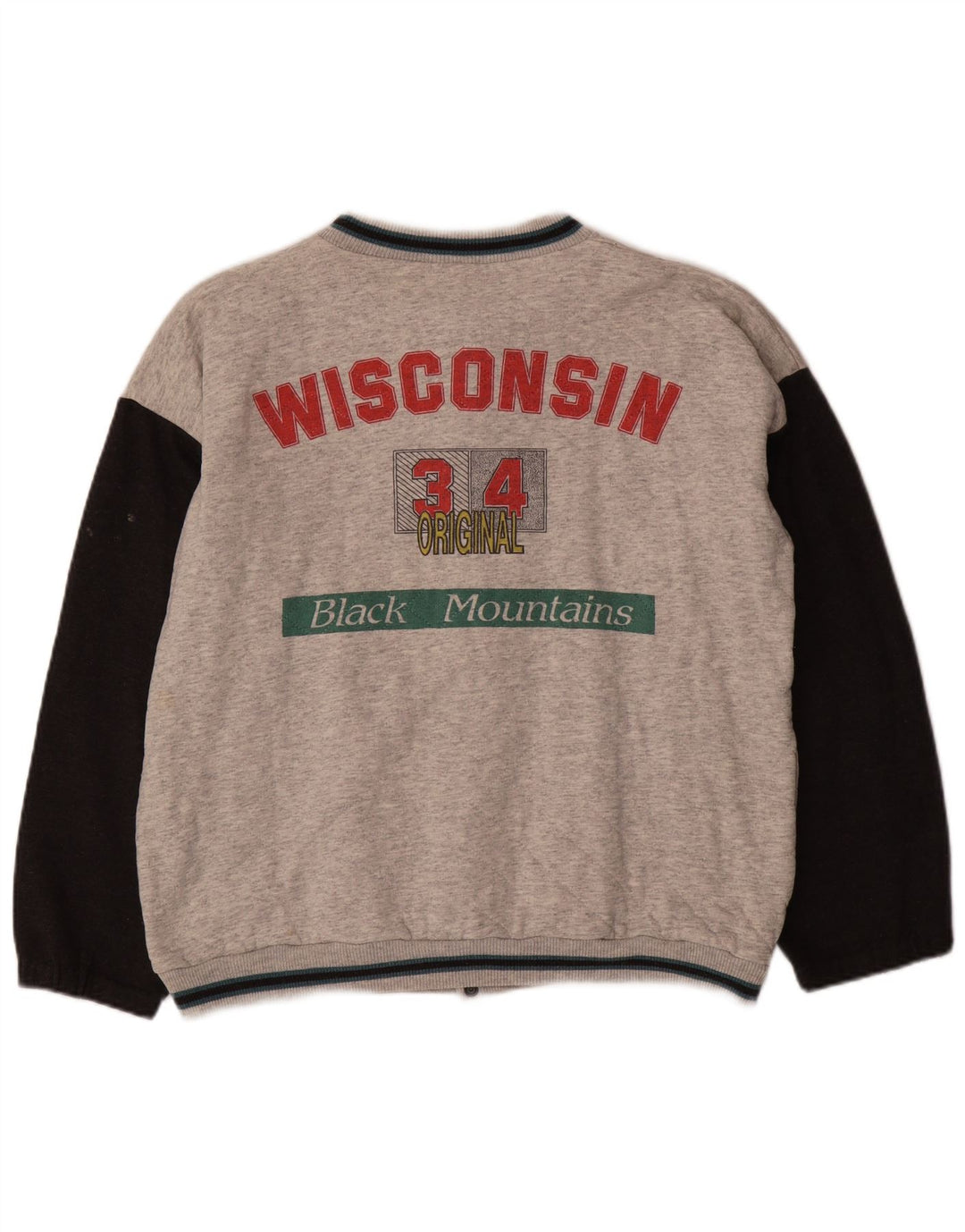 Jaqueta masculina VINTAGE Graphic Varsity UK 38 bloco colorido cinza médio