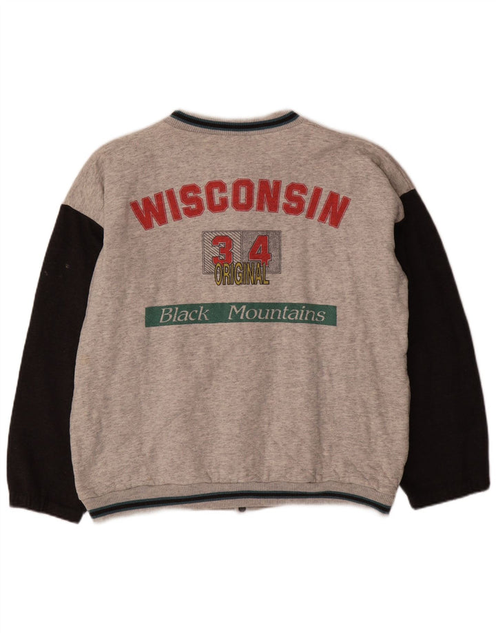 Jaqueta masculina VINTAGE Graphic Varsity UK 38 bloco colorido cinza médio