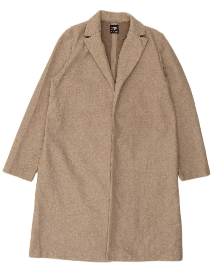 Sobretudo aberto feminino Zara UK 16 grande poliéster bege