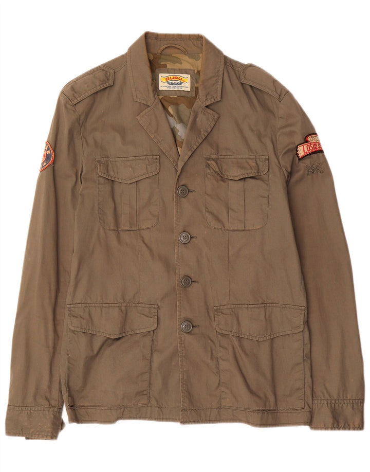 Jaqueta militar gráfica masculina Guru UK 40 grande algodão marrom