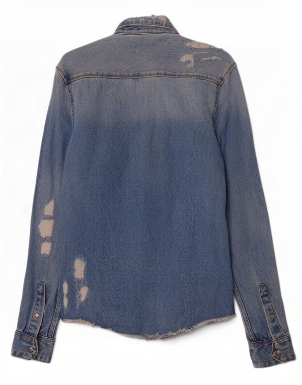 Camisa jeans masculina Zara com ajuste relaxado e desgastado pequeno azul algodão