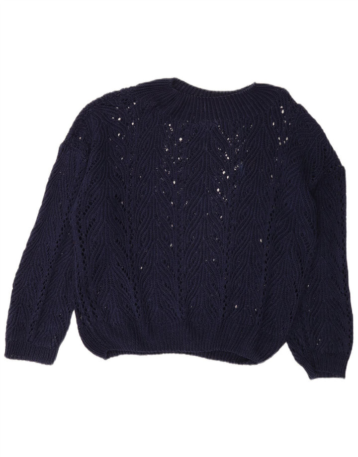 Suéter vintage feminino grande com gola redonda Reino Unido 18 XL azul marinho