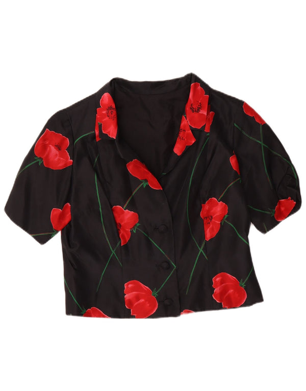 Cardigan feminino vintage de manga curta cropped UK 12 médio preto floral