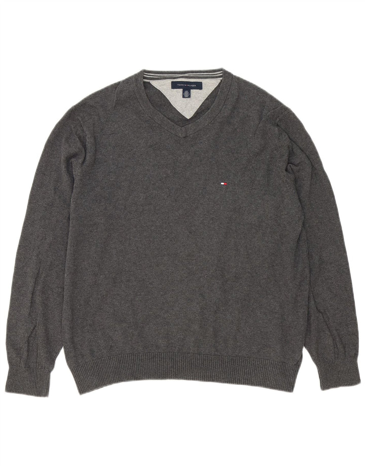 Suéter masculino Tommy Hilfiger com decote em V grande algodão cinza