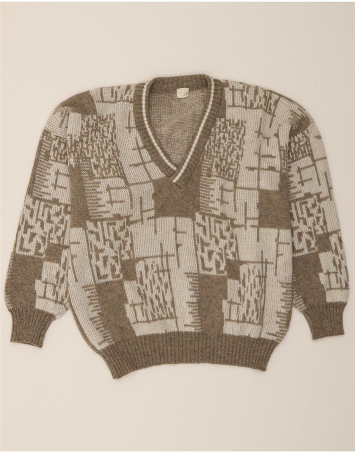 VINTAGE Mens V-Neck Jumper Sweater IT 54 XL Grey Geometric Wool Vintage Vintage and Second-Hand Vintage from Messina Hembry 