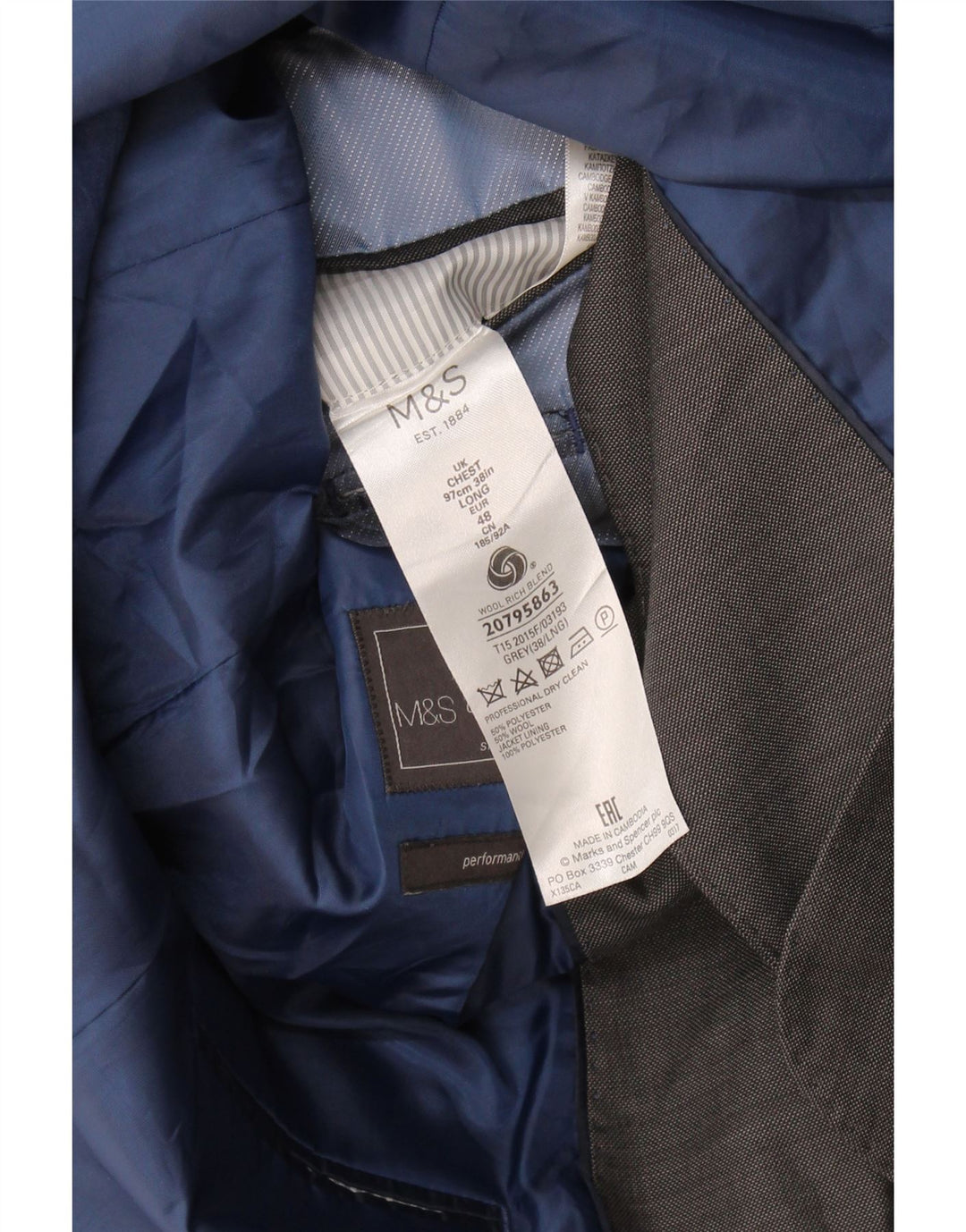 Jaqueta blazer masculina de 2 botões Marks & Spencer EU 48 poliéster cinza médio