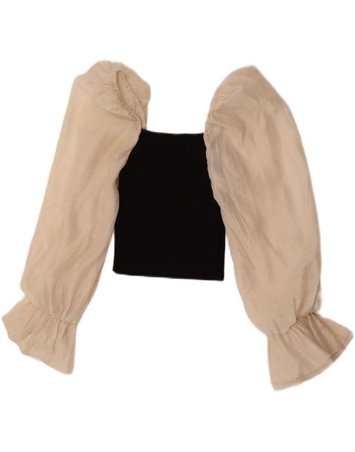 Zara Top curto feminino de manga comprida Reino Unido 12 bloco colorido preto médio