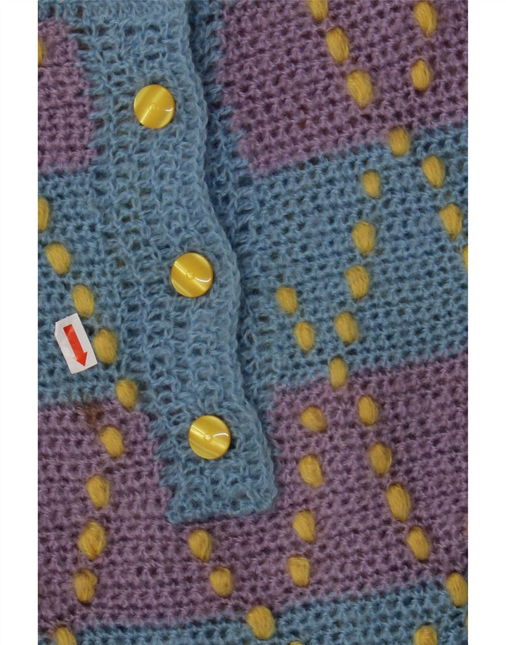 Suéter feminino VINTAGE com gola redonda e botão UK 12 listrado azul médio
