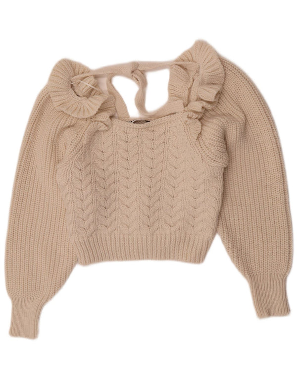 Zara Suéter feminino cropped com gola canoa UK 12 médio off white poliéster