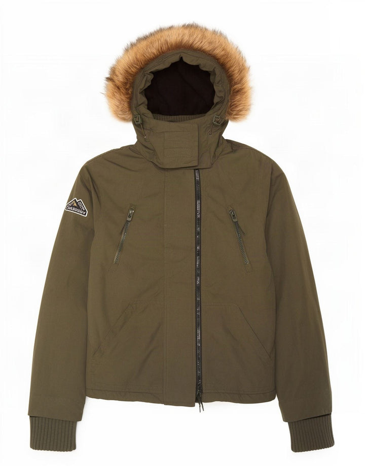 Jaqueta corta-vento feminina Superdry com capuz UK 14 poliéster cáqui médio