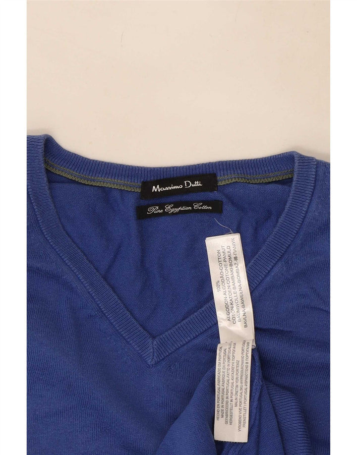 Suéter masculino Massimo Dutti com decote em V de algodão azul médio