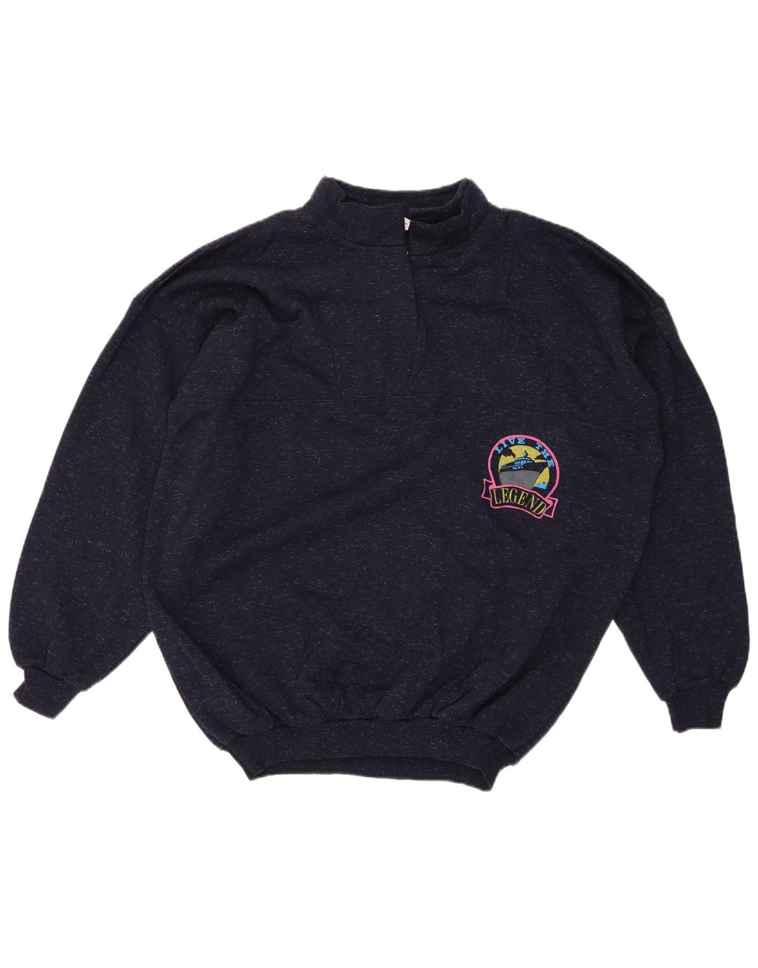 Suéter feminino VINTAGE com gola e zíper UK 20 2XL algodão manchado azul marinho