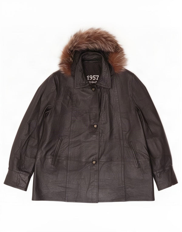 Casaco de couro com capuz feminino lendário 1957 UK 18 XL preto