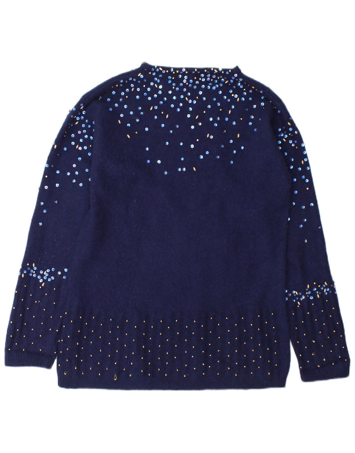Suéter feminino Fiorucci com gola canoa Reino Unido 14 médio azul marinho manchado