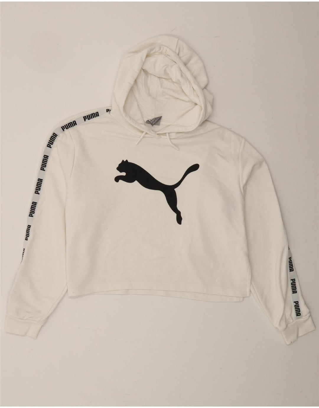 PUMA Womens Oversized Crop Graphic Hoodie Jumper UK 14 Large White Vintage Puma and Second-Hand Puma from Messina Hembry 