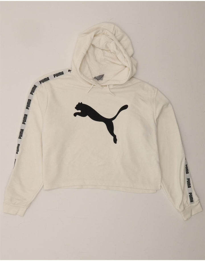 PUMA Womens Oversized Crop Graphic Hoodie Jumper UK 14 Large White Vintage Puma and Second-Hand Puma from Messina Hembry 