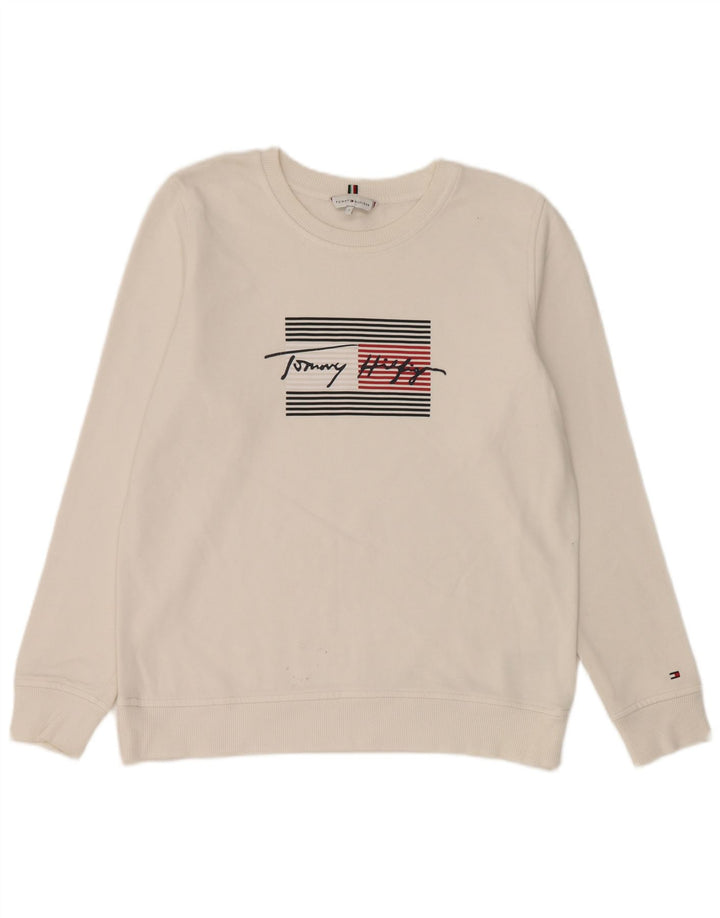 Tommy Hilfiger moletom feminino gráfico oversized jumper UK 10 pequeno branco